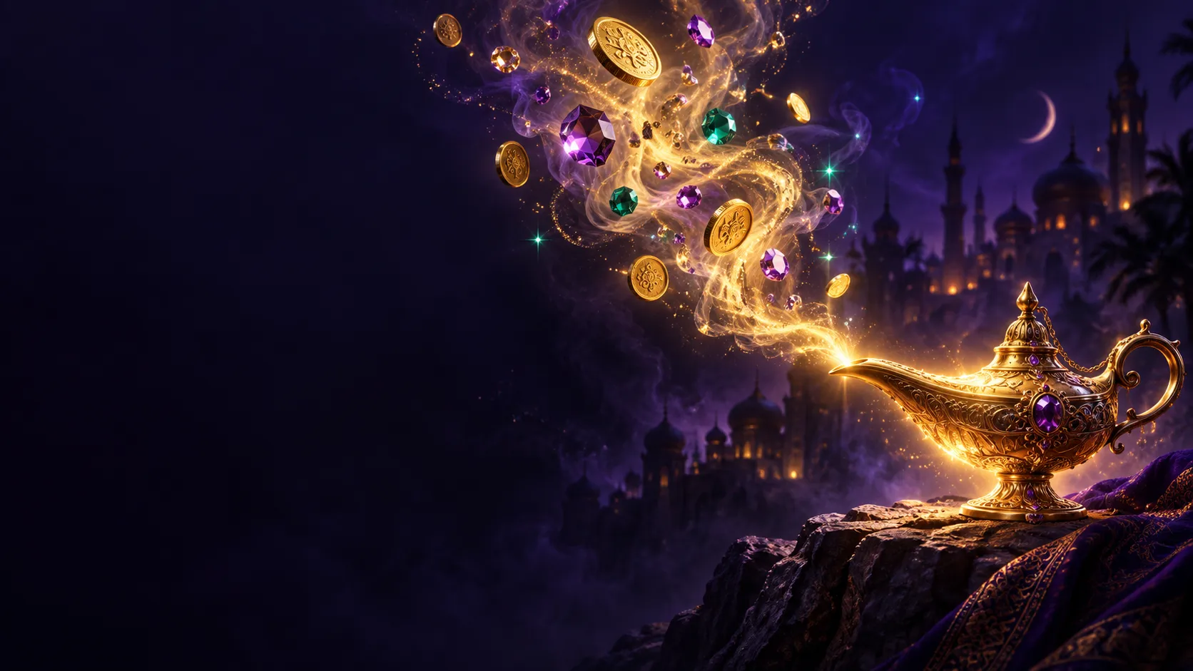 SpinDjinn Casino magic lamp and treasure scene